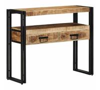 Hoopleep Table console avec étagère, marron, 90 x 33 x 75 cm, bois massif mangue, cadre en acier, 2 tiroirs, pour salon, intérieur