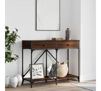 Hoopleep Table console marron aspect chêne 100 x 39 x 78,5 cm, matériau bois avec 2 tiroirs, cadre en acier solide pour salon, couloir, entrée