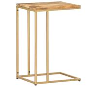 Hoopleep Table d'appoint 35 x 45 x 65 cm en bois de manguier massif, en forme de C, naturel et doré, cadre en acier revêtu par pulvérisation, meuble durable pour salon, tourne-disque, disque vinyle