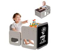 hoopyosms 2-en-1 Ensemble Table et Chaise Montessori pour Enfants, Table en Bois Réglable pour Tout-Petits avec Tableau Noir, Ensemble de Table d'Activité et de Peinture pour Enfants, Gris