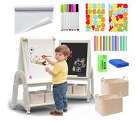 hoopyosms Chevalet Artistique 3-en-1 pour Enfants avec Rouleau de Papier, Tableau Double Face avec Tableau Blanc et Ardoise, Hauteur Réglable, avec Accessoires de Dessin, Blanc