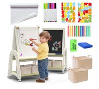 hoopyosms Chevalet Artistique 3-en-1 pour Enfants avec Rouleau de Papier, Tableau Double Face avec Tableau Blanc et Ardoise, Hauteur Réglable, avec Accessoires de Dessin, Vert