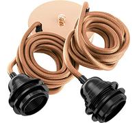 Hoopzi Hang Suspension Luminaire 2 Ampoules Câble en Tissu 2,5m | Douille E27 en Bakelite, Pavillon en Acier, Compatible D hambre, Salon, Cuisine, Couleur Cuivre