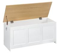 HOORBO Coffre de Rangement, Coffre avec charnière de sécurité, Banc de Rangement, Coffre à Jouets avec Couvercle Rabattable, Boite Polyvalente pour Chambre, Blanc et Couleur Bois EWN141CW01
