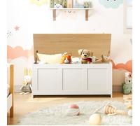 HOORBO Coffre de Rangement, Coffre avec charnière de sécurité, Banc de Rangement, Coffre à Jouets, Blanc et Couleur Bois