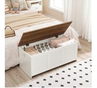 HOORBO Coffre de Rangement, Coffre avec charnière de sécurité, Banc de Rangement, Coffre à Jouets, Blanc et Noyer