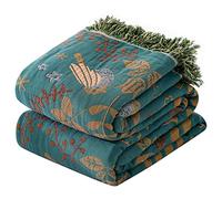 HOORDRY Couverture tissée 100 % coton avec franges, couvre-lit boho double face, 200 × 230 cm, bleu/beige, noble et douillet pour regarder la télé, plaid de fauteuil, couverture réversible