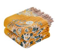 HOORDRY Jeté de lit pour canapés 3 ou 4 places 100 % coton avec glands pour lit, canapé, fauteuil, 230 x 250 cm, jaune et vert