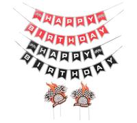 HOOTNEE Guirlande de Fête 4 Pièces Thème Course Automobile Drapeaux à Carreaux Noir et Blanc Décoration Anniversaire Garçon et Filles Banderole « Joyeux Anniversaire » Accessoires pour