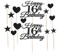 HOOTNEE Lot de 10 set de Décorations de Gâteau Noires pour 16 Chiffres Pailletés Pics à Cupcakes D’Étoile Cœur Décoration D’Anniversaire pour Adolescents Fête Anniversaire 16