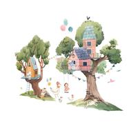 HOOTNEE Lot de 2 Stickers Muraux Animaux Décoratifs en PVC Imperméable 30X90 CM Autocollants Repositionnables pour Chambre D’Garçon et Filles Décoration Murale Arbre Maison Colorée