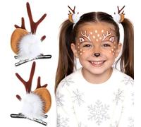 HOOWIFFY 2pcs Barrettes de Noël pour Filles avec Pompons Blancs et Bois de Cerf, Accessoires Cheveux Mignons pour Décorations Quotidiennes et Photos de Famille