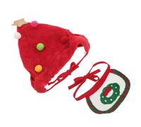 HOOWIFFY Bonnet de Noël Tricoté Rouge Pompons pour Chiens et Chats 4-7,5 Kg, Lot de 2 Set de Pièces Comprenant Bavoir Rouge et Vert Décoratif, Couvre-Chefs Festifs pour Animaux