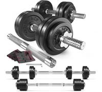 Hop-Sport 2en1 Set d'haltères en fonte modulable, 2 haltères courts, 1 barre d'haltères longue, Barre en acier réglable 30mm 2x15kg