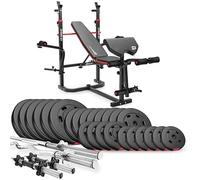 Hop-Sport Banc de musculation avec cordon de serrage, banc de musculation multifonction, banc incliné réglable, barre d'haltères SZ Curl, kit d'haltères 135 kg, charge maximale du banc de musculation