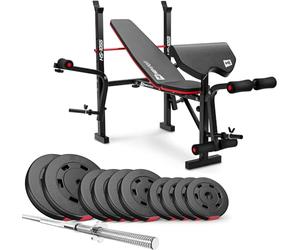 Hop-Sport® Banc de Musculation Pliable HS-1055 avec Pupitre de Curl, Papillon et Set d’haltères de 59 kg, Disques de poids en plastique alésage 31 mm et barre d'haltères, Noir