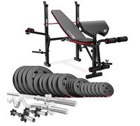 HOP-SPORT® Banc de Musculation Pliable HS-1055 avec Pupitre de Curl, Papillon et Set de Disques de Poids en Plastique de 106 kg Alésage 31 mm et Barres d'haltères, longue, Super Curl SZ, Noir