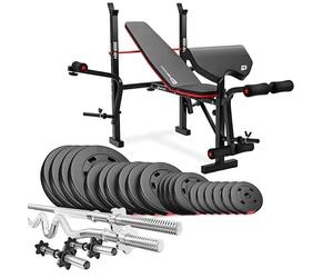 HOP-SPORT® Banc de Musculation Pliable HS-1055 avec Pupitre de Curl, Papillon et Set de Disques de Poids en Plastique de 106 kg Alésage 31 mm et Barres d'haltères, longue, Super Curl SZ, Noir