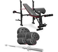 Banc de Musculation Pliable HS-1055 avec Pupitre de Curl, Papillon, Presse à jambes et Set d'haltères de 99 kg en plastique, disques de 31 mm et