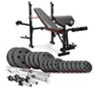 Hop-Sport Banc de Musculation Pliable HS-1055 avec Pupitre de Curl, Papillon, Presse à jambes et Set d'haltères de 74 kg en plastique, disques de 31 mm, barres longue, courtes et SZ Noir G