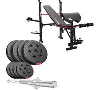 HOP-Sport® Banc de Musculation Pliable HS-1055 avec Pupitre de Curl, Papillon, Presse à Jambes et Set d’haltères de 37 kg, Disques de Poids en Plastique alésage 31 mm et Barre Droite