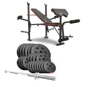 HOP-Sport® Banc de Musculation Pliable HS-1055 avec Pupitre de Curl, Papillon, Presse Jambes et Set d’haltères de 69 kg, Disques de Poids en Plastique alésage 31 mm et Barre Droite, Noir