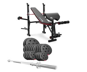 HOP-SPORT® Banc de Musculation Pliable HS-1055 avec Pupitre de Curl, Papillon, Presse Jambes et Set d’haltères de 99 kg, Disques de Poids en Plastique alésage 31 mm et Barre Droite, Noir