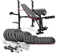 HOP-Sport® Banc de Musculation Pliable HS-1055, Pupitre de Curl, Papillon, Presse à Jambes et Set de disques de Poids en Plastique de 92 kg alésage 31 mm et Barres d'haltères, Barre Longue et curl SZ