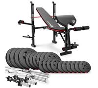 HOP-SPORT® Banc de Musculation Pliable HS-1055, Pupitre de Curl, Papillon, Presse Jambes et Set de disques de poids en plastique de 105 kg alésage 31 mm et barres d'haltères longue et curl SZ, Noir