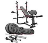HOP-SPORT® Banc de Musculation Pliable HS-1065, Pupitre de Curl, Papillon, Presse Jambes, Set d’haltères de 38 kg, Disques de Poids Plastique alésage 31 mm et Barres d'haltères Longue et Courtes, Noir