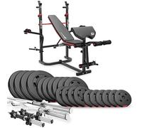 Hop-Sport Banc de Musculation Pliable HS-1065 avec Pupitre de Curl, Papillon, Presse à jambes et Set d'haltères de 105 kg en plastique, disques de 31 mm et barres Noir / Rouge