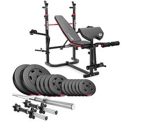 HOP-SPORT® Banc de Musculation Pliable HS-1065, Pupitre de Curl, Papillon, Presse Jambes, Set d’haltères de 38 kg, Disques de Poids Plastique alésage 31 mm et Barres d'haltères Longue et Courtes, Noir
