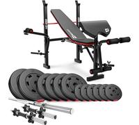 HOP-Sport® Banc de Musculation Pliable Multifonction HS-1055 Pupitre de Curl, Papillon, Presse à Jambes et Set d’haltères de 38 kg, Disques de Poids en Plastique alésage 31 mm et Barres d'haltères