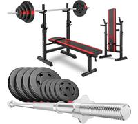 Hop-Sport Banc de Musculation Pliable Plat, Support Barre Longue HS-1080 et Ensemble d’haltères: Disques de Poids en Plastique de 37 kg pour Entraînement Complet à Domicile Charge Max. 270 kg