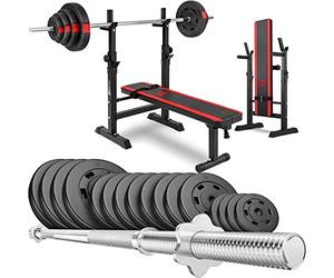 HOP-Sport® Banc de Musculation Pliable Plat, Support Barre Longue HS-1080 et Ensemble d’haltères: Disques de Poids en Plastique de 99 kg pour Entraînement Complet à Domicile Charge Max. 270 kg, Noir