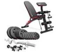 Hop-Sport Banc de Musculation Réglable avec Set d’Haltères 36 kg, Ensemble de Disques de Poids en Plastique avec Barres d’Haltères Super Curl SZ 120 cm et Courtes 45 cm, Pupitre à biceps et Expanders