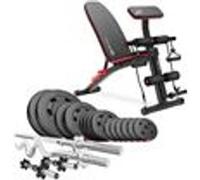 Hop-Sport Banc de Musculation Réglable avec Set d’Haltères 66 kg, Ensemble de Disques de Poids en Plastique avec Barres d’Haltères Super Curl SZ 120 cm, Longue 167 cm, Courtes 45 cm et Expanders Noir