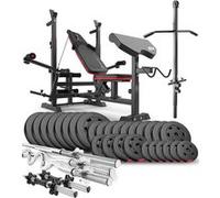 Hop-Sport Ensemble d'haltères 173 kg et Banc de Musculation Multifonction HS-1075, Pupitre de Biceps, Papillon, Poulie haute, Set de disques de poids en plastique 31 mm, Kit de Barres d'haltères Noir