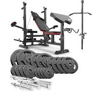 HOP-Sport® Ensemble d'haltères 116 kg et Banc de Musculation Multifonction HS-1075, Pupitre de Biceps, Papillon, Poulie Haute, Set de disques de Poids en Fonte 31 mm, Kit de Barres, Noir