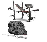 HOP-SPORT® Set d'haltères 38-129,5 kg, Banc de Musculation Pliable Multifonction HS-1055, Pupitre de Curl, Papillon, Presse à jambes, Ensemble de disques de poids en plastique 31 mm, Barres d'haltères