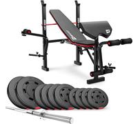 HOP-SPORT® Set d'haltères 38-129,5 kg, Banc de Musculation Pliable Multifonction HS-1055, Pupitre de Curl, Papillon, Presse à jambes, Ensemble de disques de poids en plastique 31 mm, Barres d'haltères