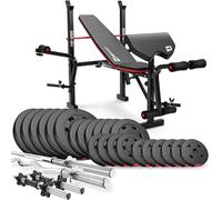 HOP-SPORT® Set d'haltères 38-129,5 kg, Banc de Musculation Pliable Multifonction HS-1055, Pupitre de Curl, Papillon, Presse à jambes, Ensemble de disques de poids en plastique 31 mm, Barres d'haltères