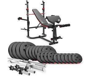 HOP-Sport® Set d'haltères 38-135 kg et Banc de Musculation Pliable Multifonction HS-1065, Pupitre de Curl, Papillon, Presse à Jambes, Ensemble de disques de Poids en Plastique 31mm, Barres d'haltères