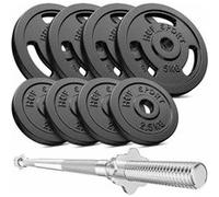 Hop-Sport Set d'Haltères en Fonte 39 kg avec Barre longue et Disques de poids ajustables, Fermetures Chromées, Kit de poids pour musculation à domicile, Ensemble d’haltères avec poids Noir G