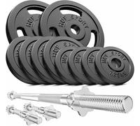 Hop-Sport Set d'Haltères en Fonte 39 kg, Deux barres courtes 40 cm, Barre longue 167 cm, Disques de poids, Jeu d'haltères complet
