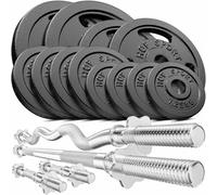 HOP-SPORT® Set d'Haltères en Fonte 66 kg, Barres courtes, Longue et Curl ou Super SZ, Kit de Disques de poids, Ensemble de Plaques Complet pour Musculation à Domicile, Noir