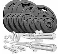 Set d'Haltères en Fonte 66 kg avec Deux barres courtes, Barre longue, Barre Super SZ-Curl et Disques de poids ajustables, Fermetures chromées, Kit de