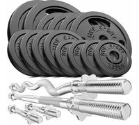 Hop-Sport Set d'Haltères en Fonte 76 kg avec Deux barres courtes, Barre longue, Barre SZ-Curl et Disques de poids ajustables, Fermetures chromées, Kit de poids pour musculation à domicile, Ensemble d’