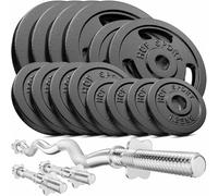 HOP-Sport® Set d'Haltères en Fonte 77 kg, Deux Barres Courtes, SZ-Curl, Kit de Disques de Poids Ajustables Ensemble pour Musculation à Domicile avec Plaques et Fermetures chromées, Noir