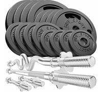 HOP-Sport® Set d'Haltères en Fonte 96 kg, Barres Courtes, Longue, Super SZ-Curl, Kit de Disques de Poids pour Musculation à Domicile, Ensemble Complet avec plaques, Noir